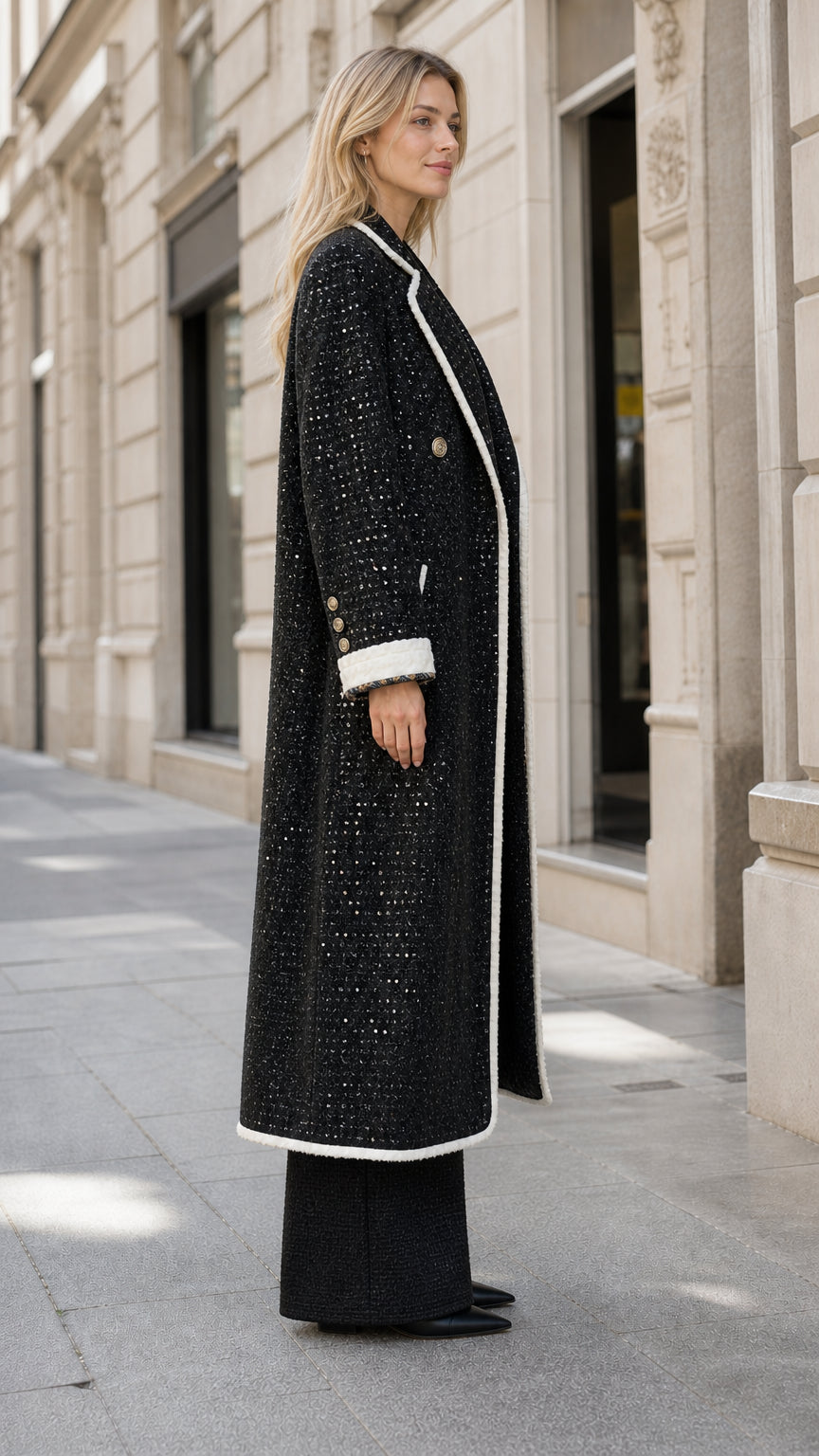 Side view of woman wearing black longline tweed coat in an urban street setting