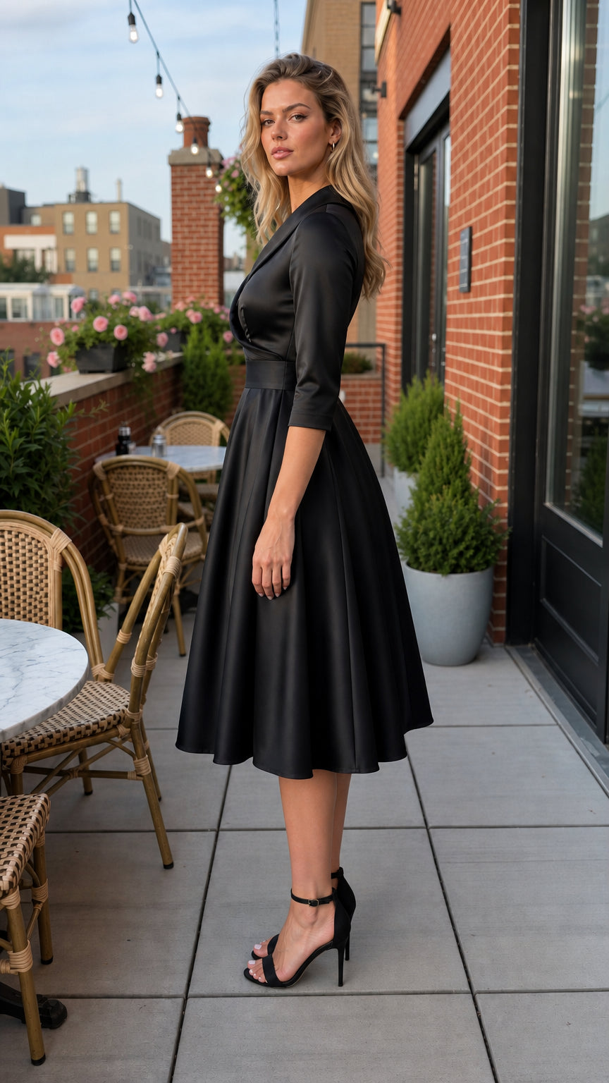 Side profile view of black satin midi dress