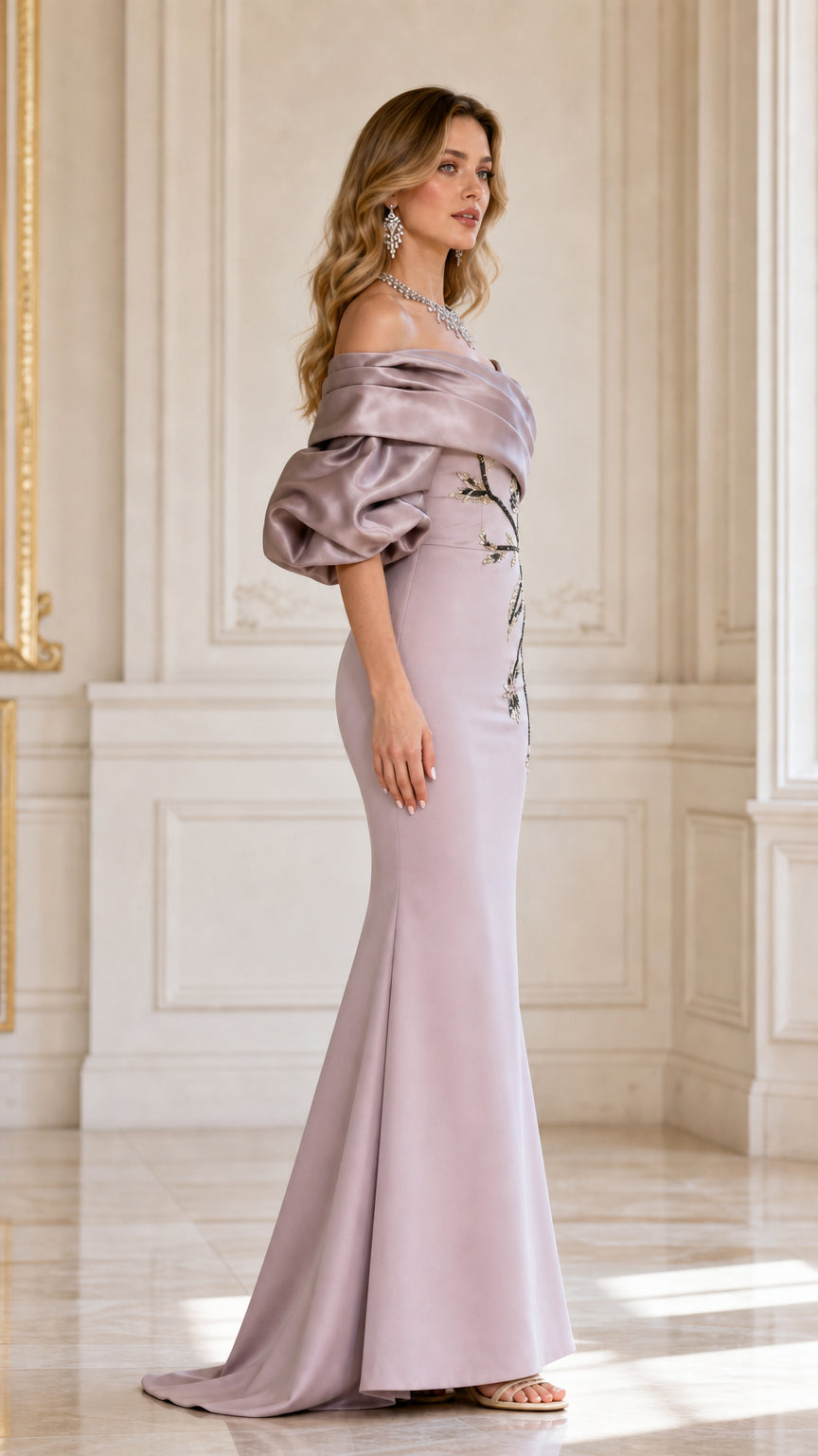 Side profile view of lavender evening dress