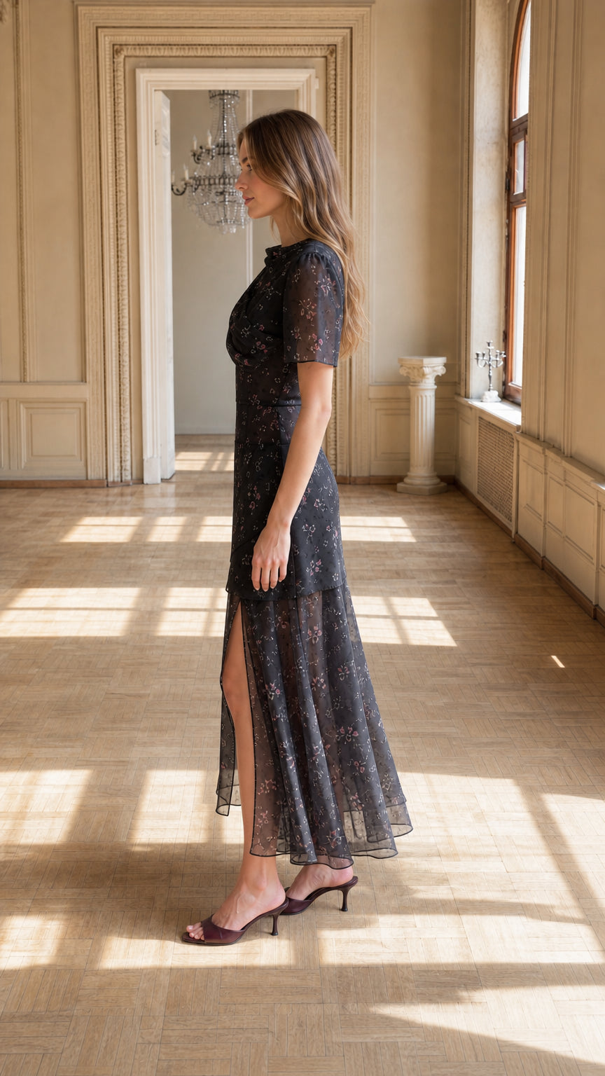 Floral Draped Cowl Neck Maxi Dress in Black side profile view showing slit