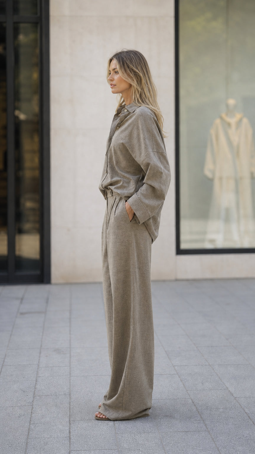 Side profile view of woman wearing taupe two-piece set