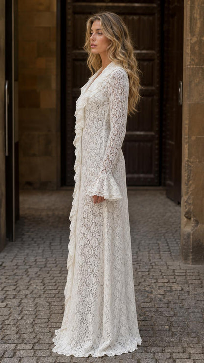 Side profile view of woman wearing white lace dress