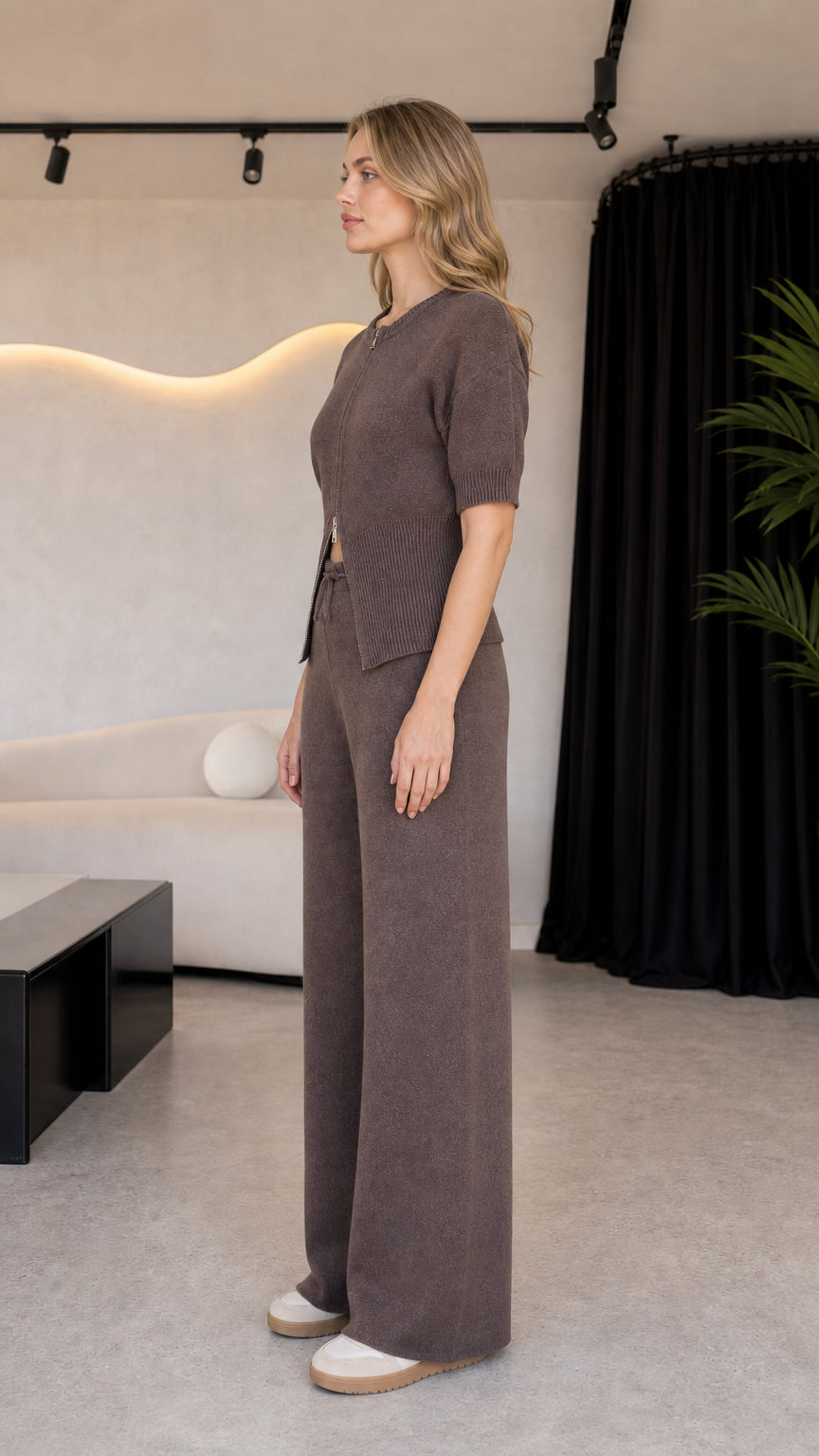 Side view of model wearing taupe two-piece knit lounge set