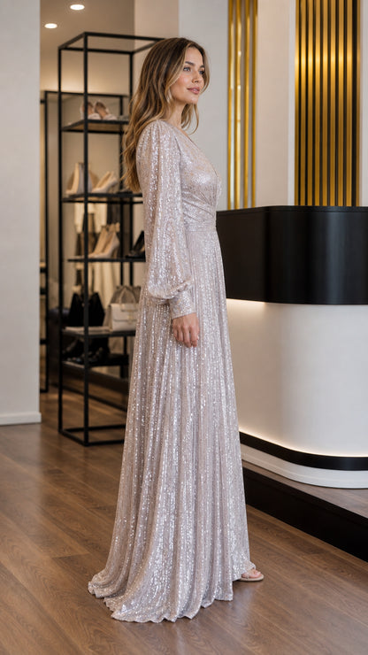 Silver pleated sequin evening dress side view showing full length