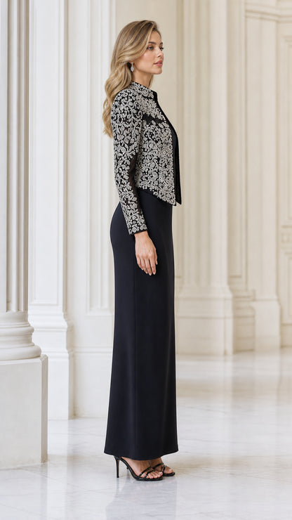 Side profile view of woman wearing black formal dress and beaded jacket set