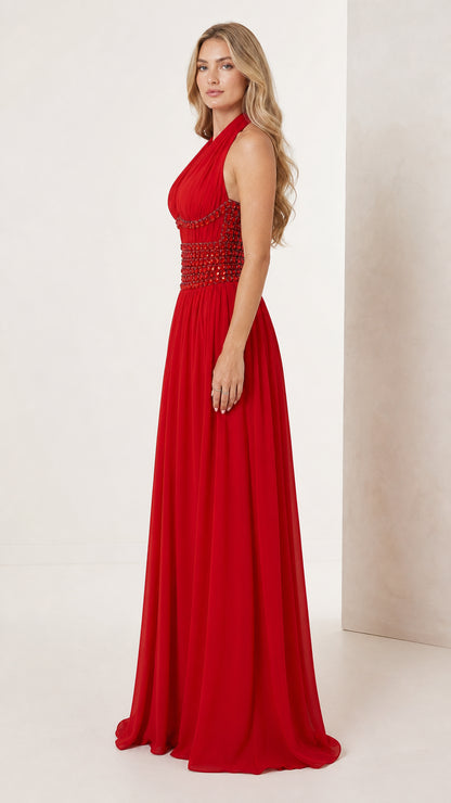 Side angle view of red halter chiffon formal evening gown