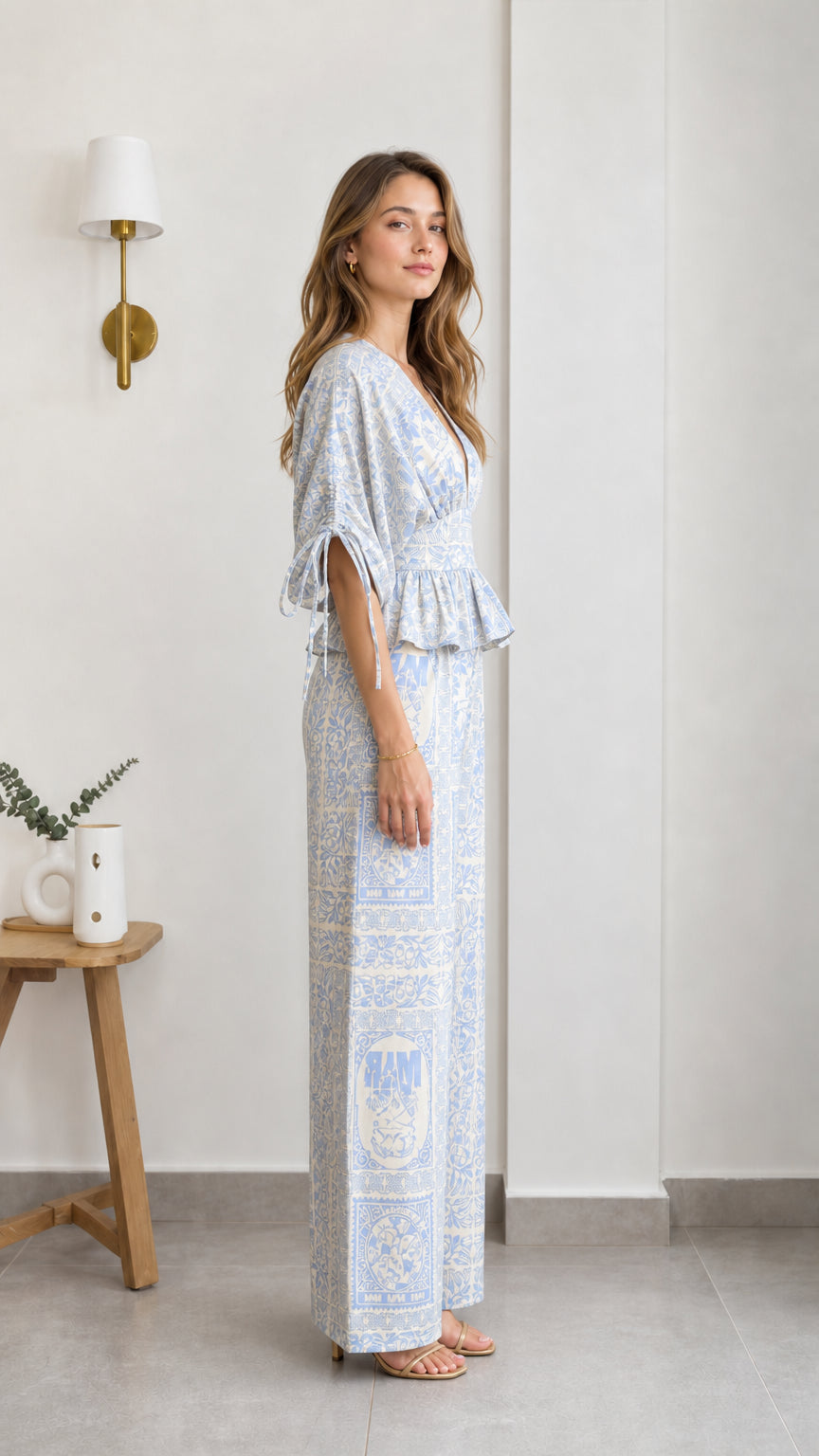 Side view of light blue printed pant set