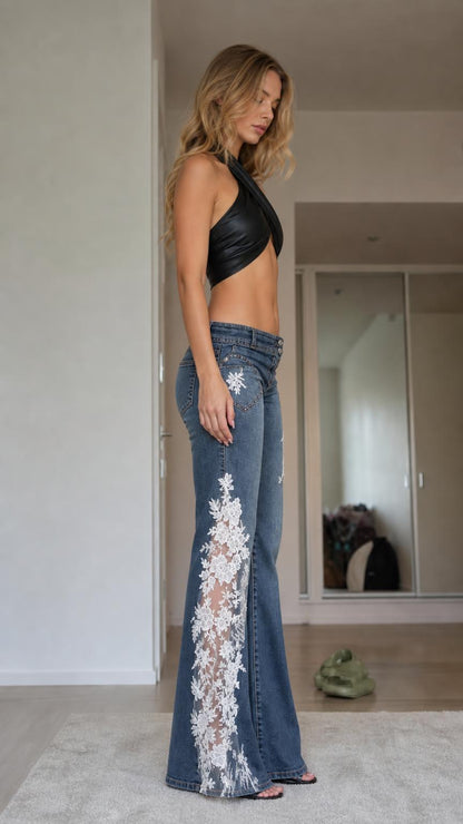Side profile of model wearing blue lace-paneled flare jeans