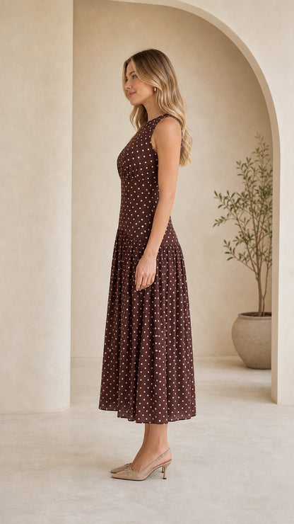 Side view of model wearing brown polka dot midi dress