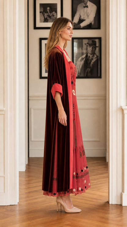 Side angle of model wearing coral red dress and long velvet duster set