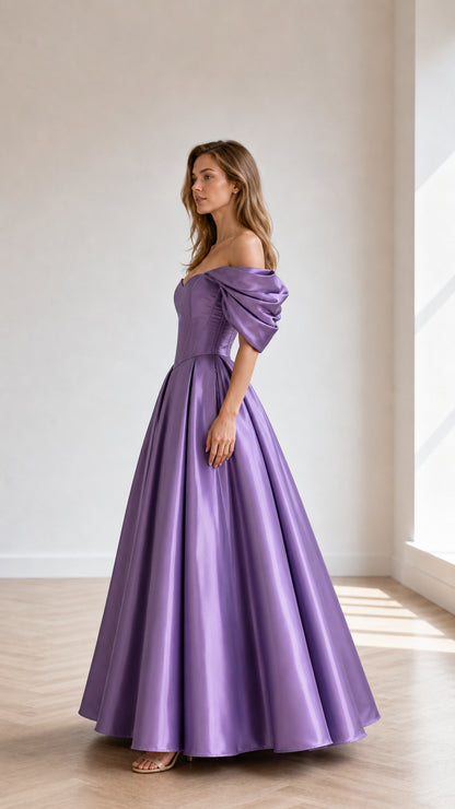 Lavender off-shoulder formal gown shown from the side