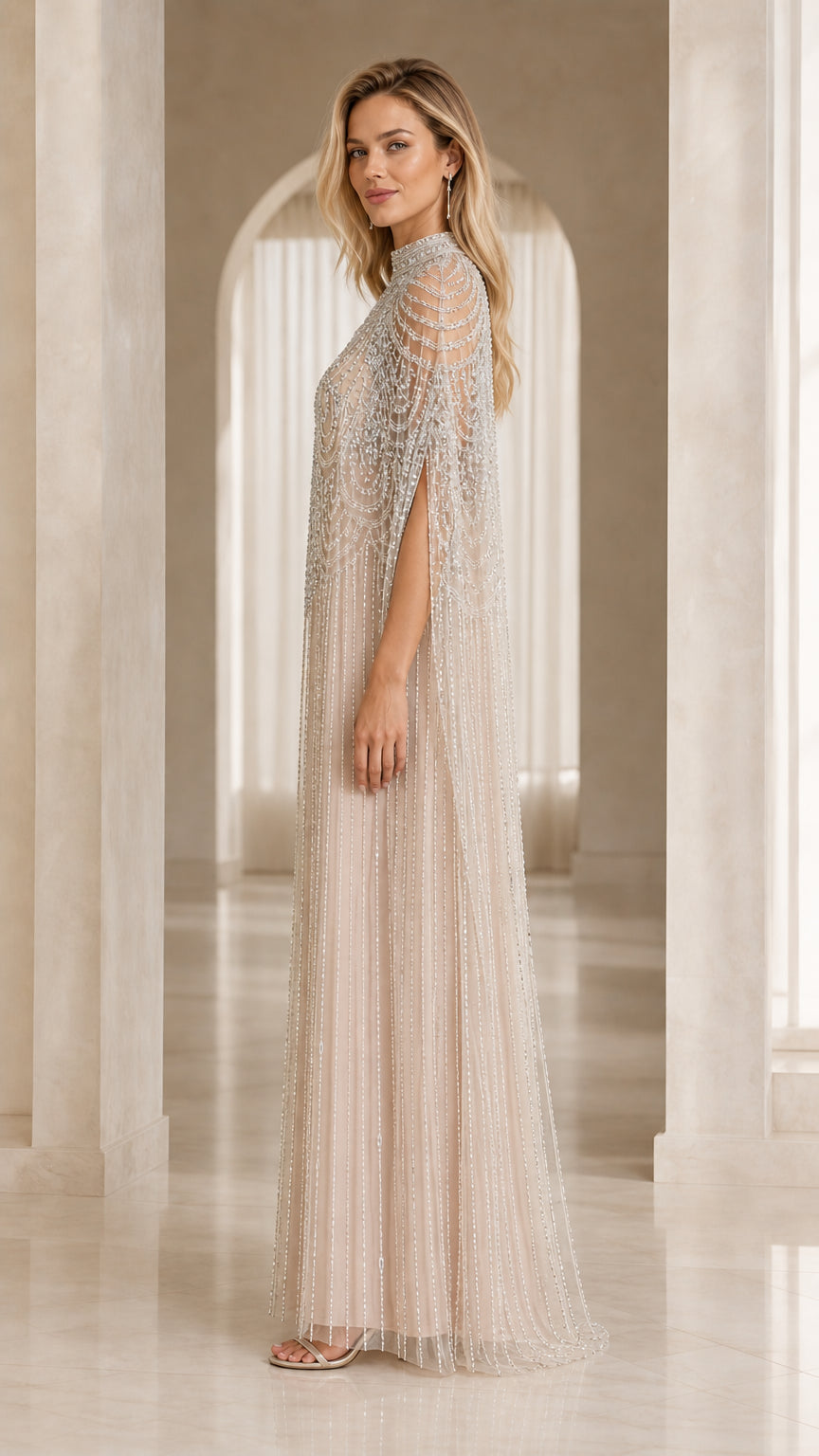 Champagne beaded cape evening gown side angle view