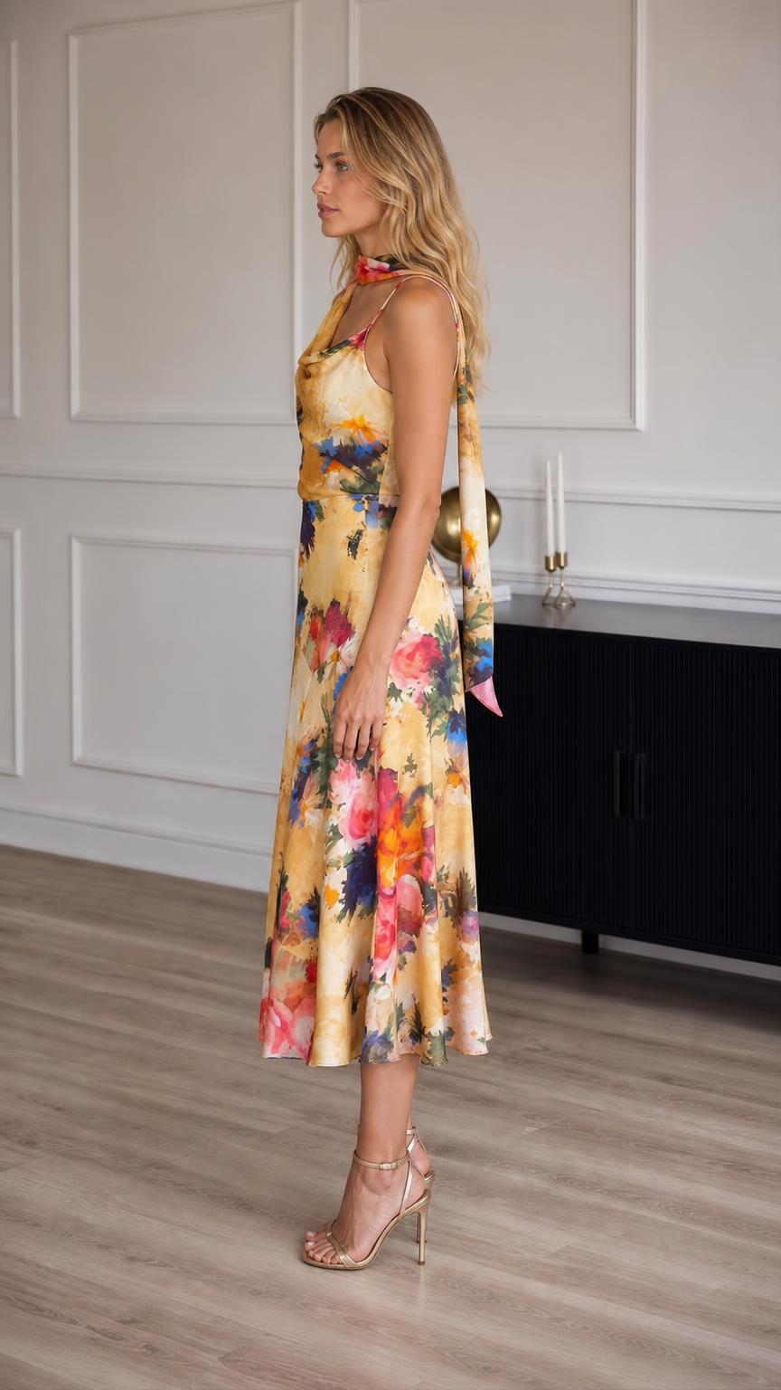 Side profile of model in yellow floral satin midi dress