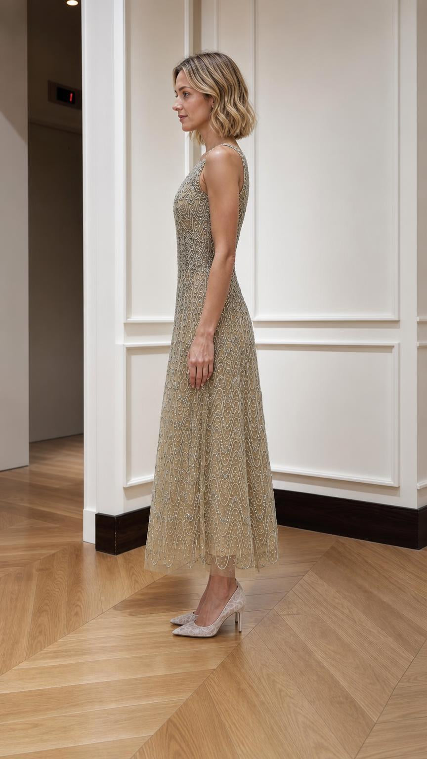 Champagne beaded midi dress shown from the side
