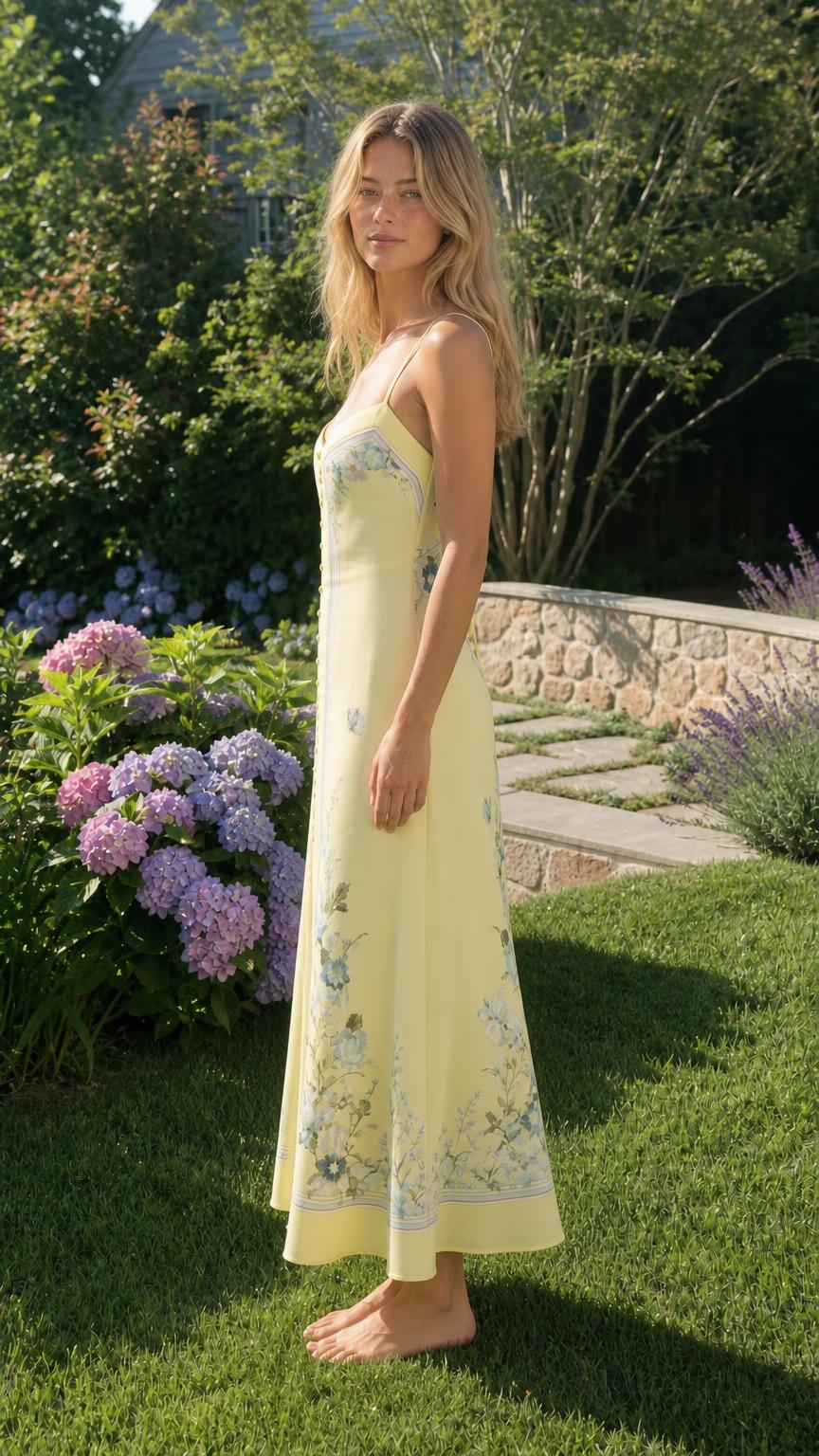 Side profile of model in yellow floral maxi dress