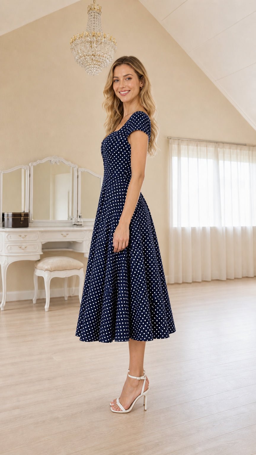 Model wearing Navy polka dot midi dress, side profile