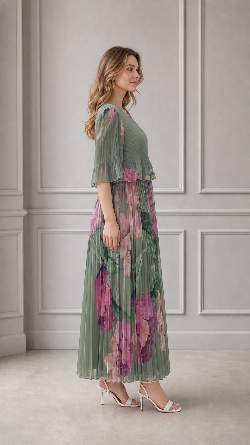 Side angle view of sage green pleated floral maxi dress with flutter sleeves