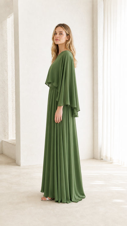 Side profile of woman in olive green long sleeve maxi dress