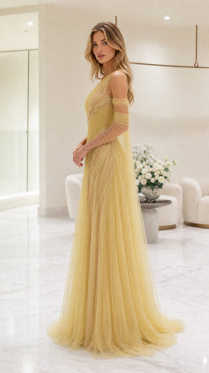 Side profile view of yellow evening gown