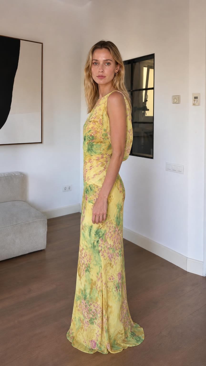 Side profile of woman in yellow floral maxi dress