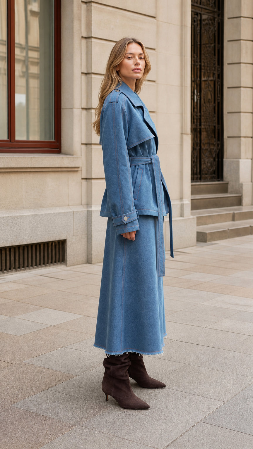 Side full-length view of woman wearing Denim Blue jacket and raw-hem maxi skirt set