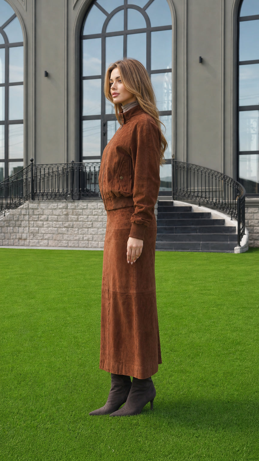 Side profile view of woman modeling Cognac Brown faux suede two-piece matching set