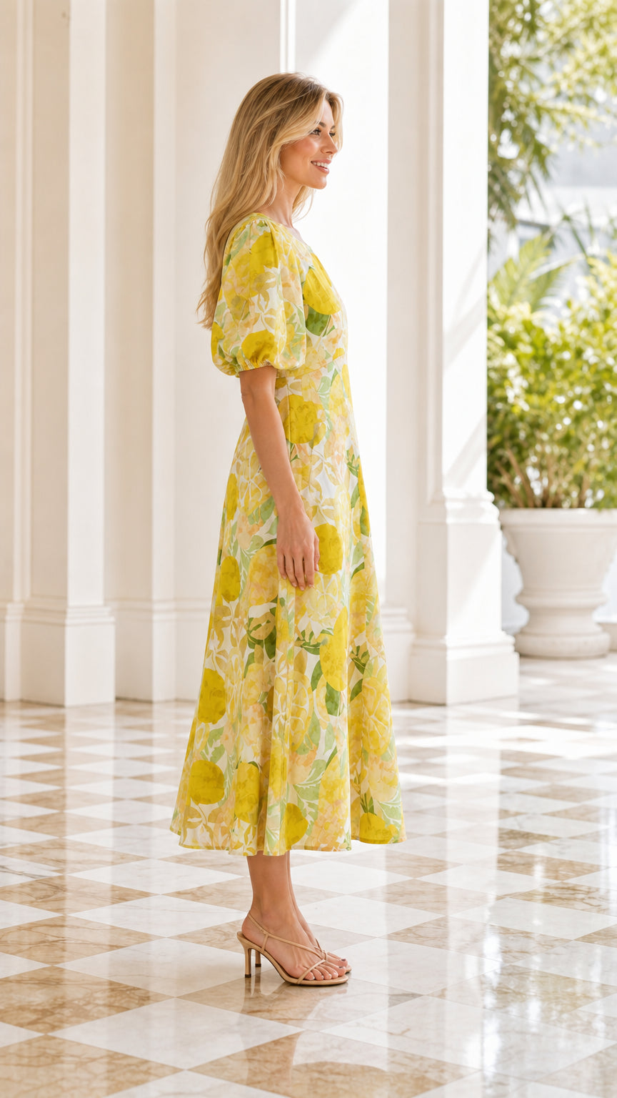 Side profile of model in yellow citrus floral midi dress