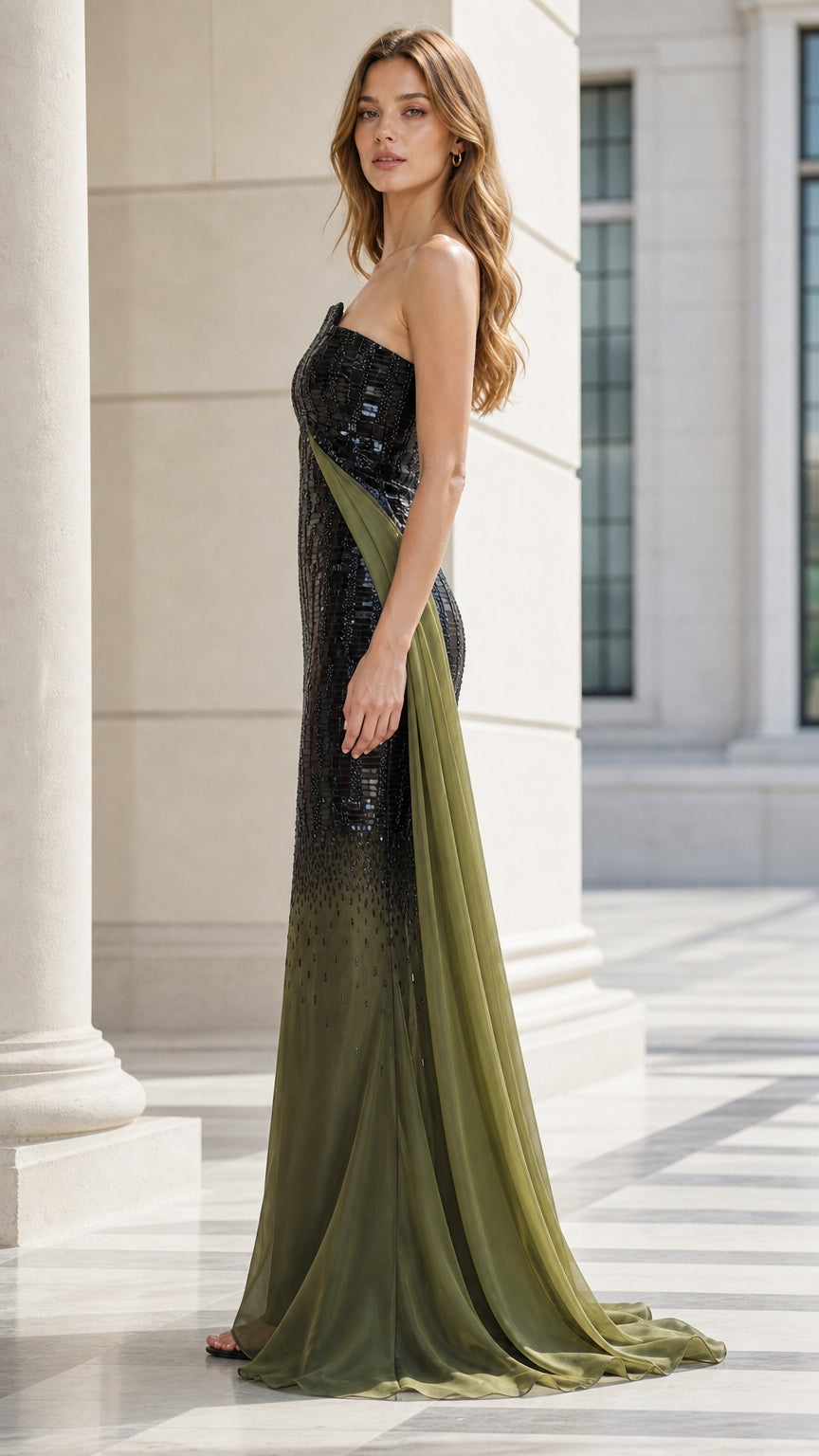 Side profile of strapless black and olive ombre sequined formal dress