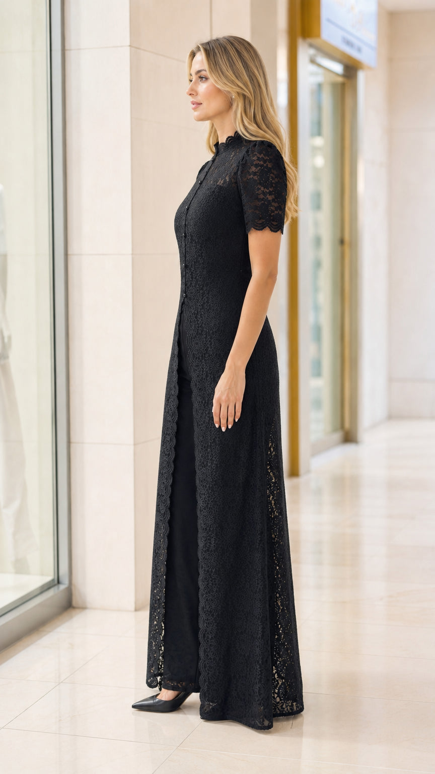 Side profile view of elegant black lace overlay wide-leg pantsuit set