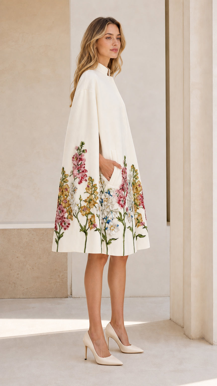 Side profile view of Ivory cape coat showing pocket and length