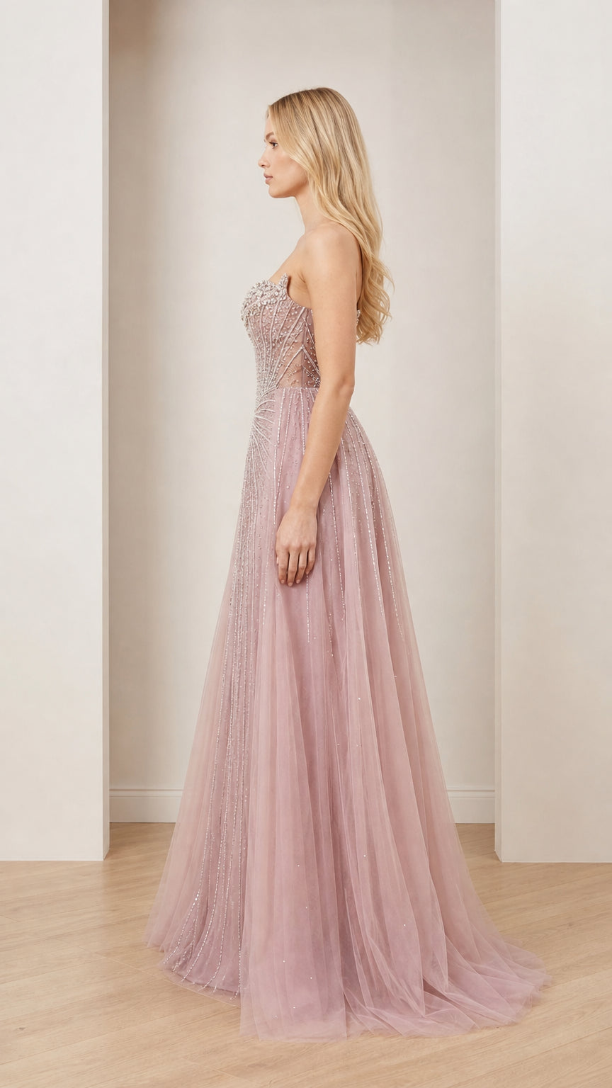 Side profile view of Dusty Rose evening gown