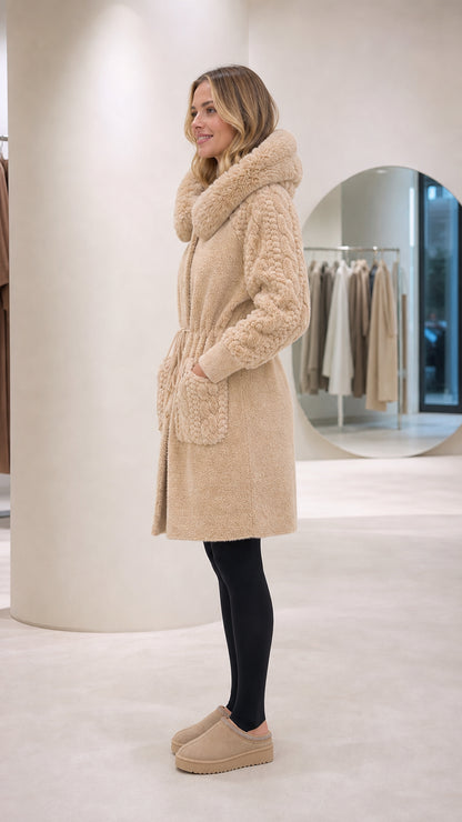 Side profile view of woman wearing beige hooded fleece coat with drawstring waist