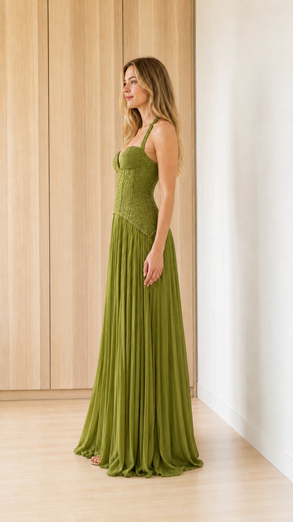 Side profile view of olive maxi dress