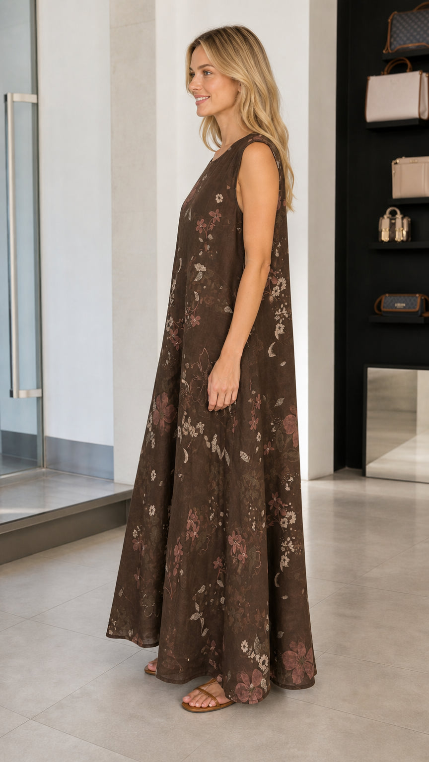 Side profile view of model wearing brown floral maxi dress