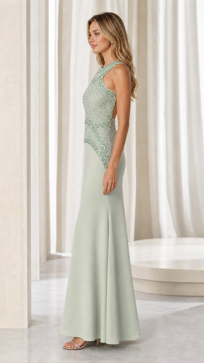 Side profile view of sage green evening gown