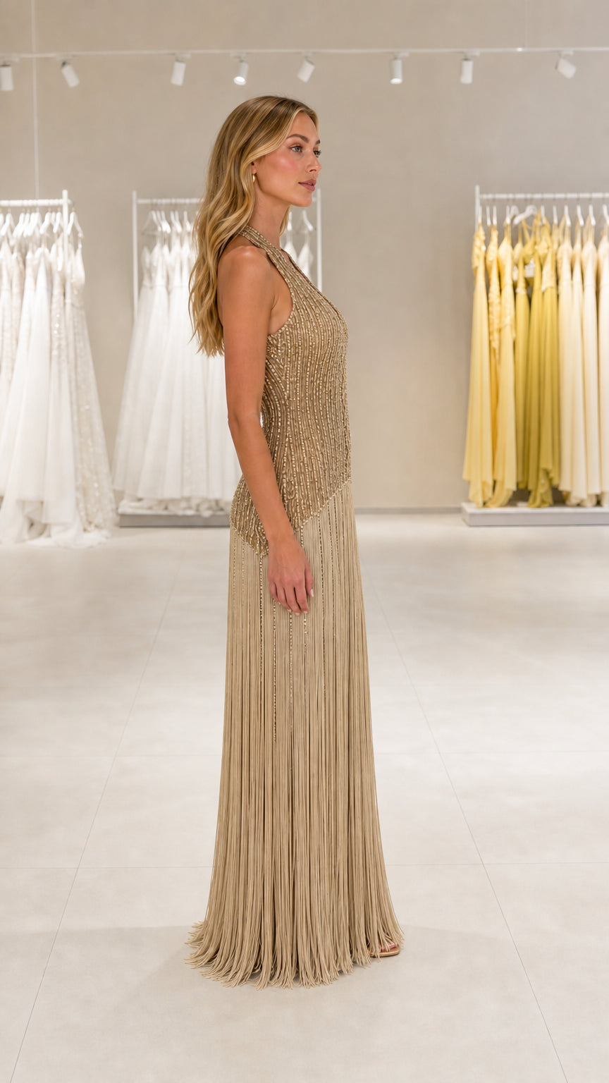 Side profile view of the Gold sequin fringe dress