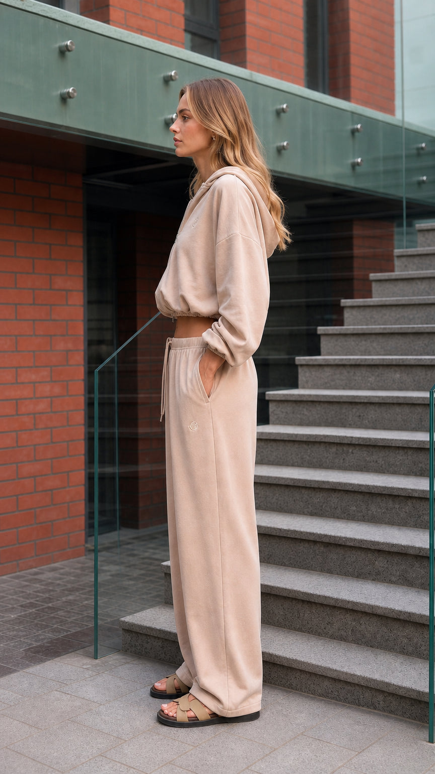 Side view of a woman wearing a beige cropped hoodie and relaxed wide-leg pants set