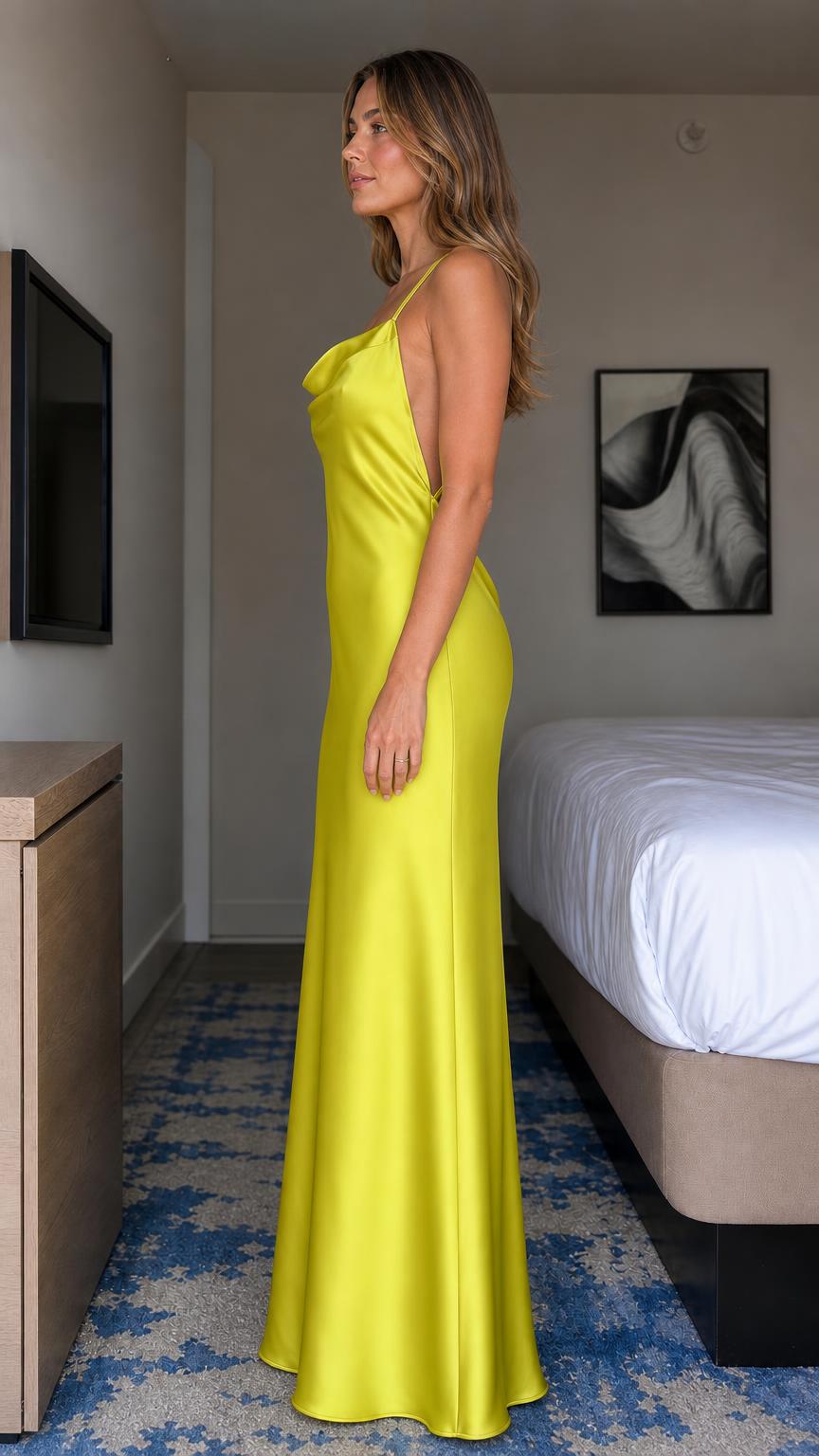 Side profile view of chartreuse satin slip dress