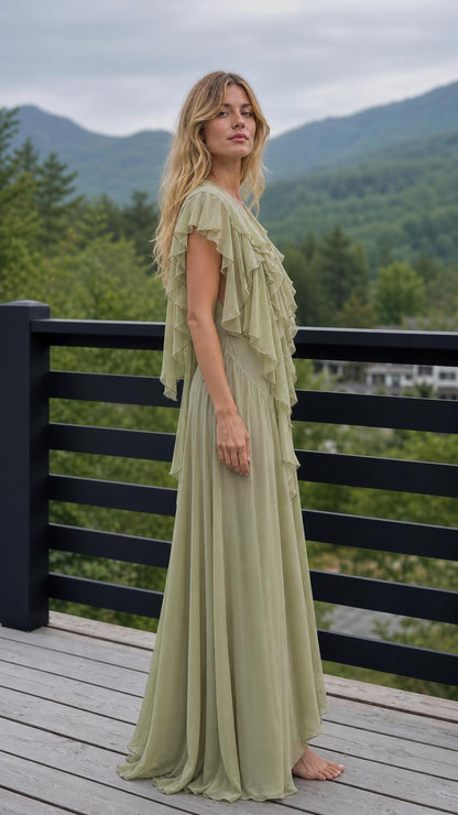 Ethereal Ruffled V-Neck Maxi Dress in Sage Green side profile