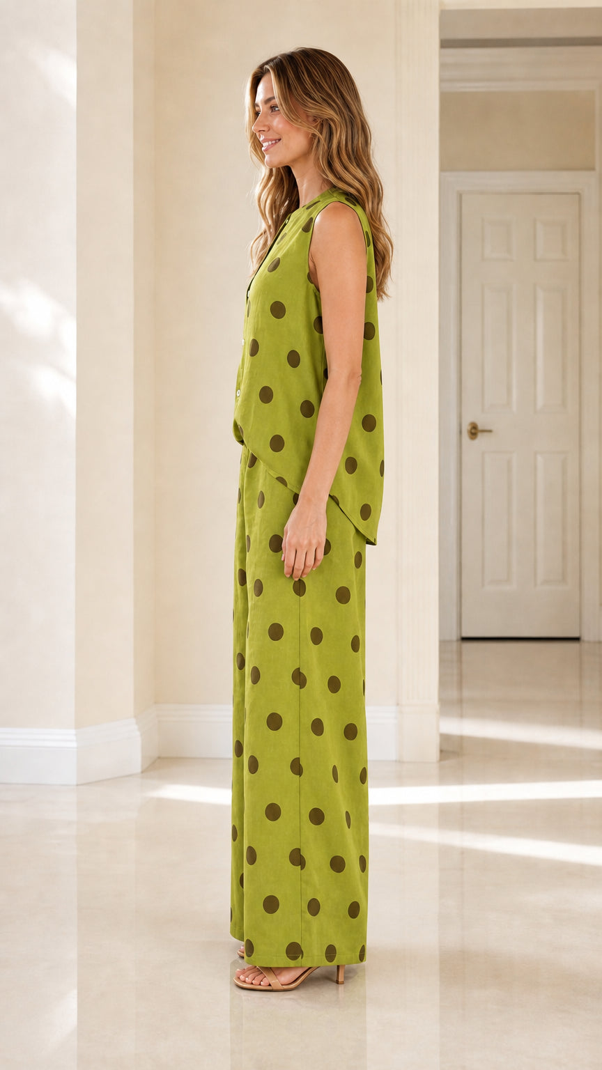Side view of green polka dot matching set