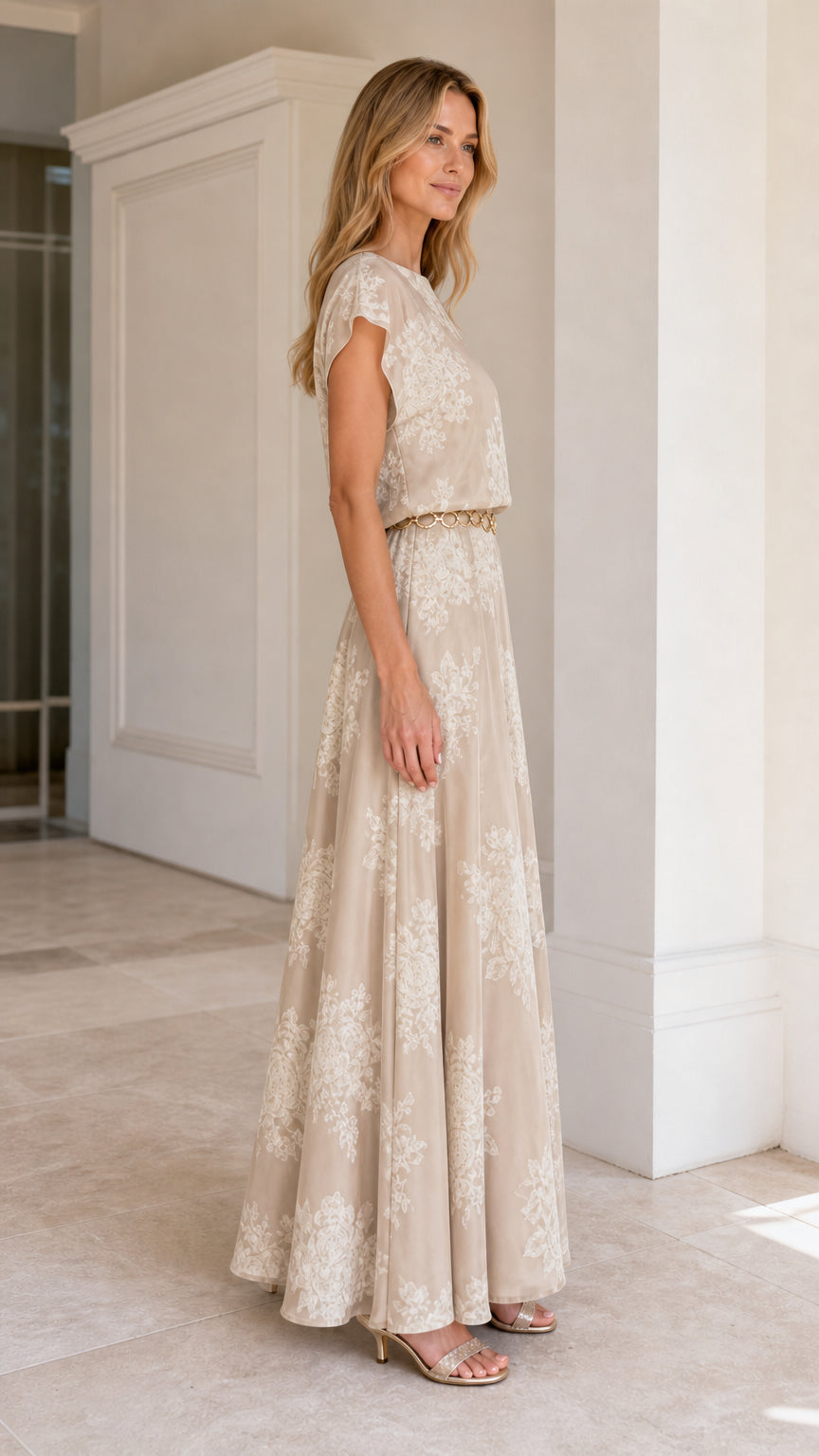 Model wearing Champagne floral embroidered maxi dress from the side view