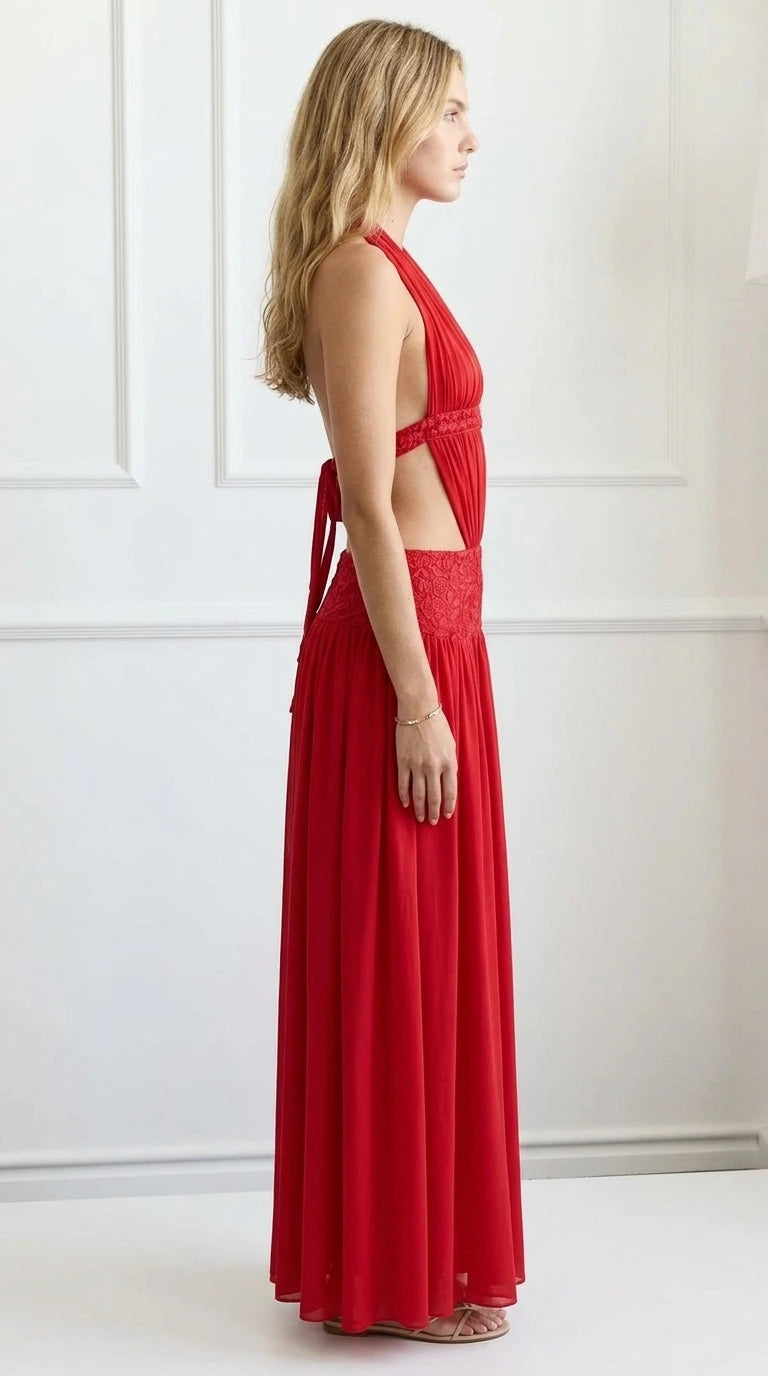Side profile view of red cutout maxi dress