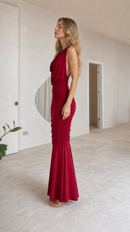 Burgundy backless ruched maxi dress side view