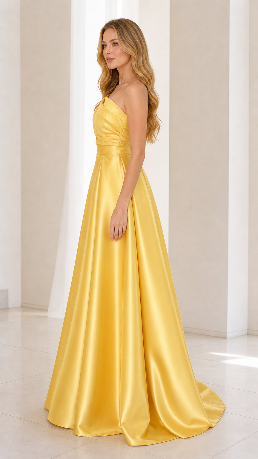 Side profile view of yellow one-shoulder satin evening dress