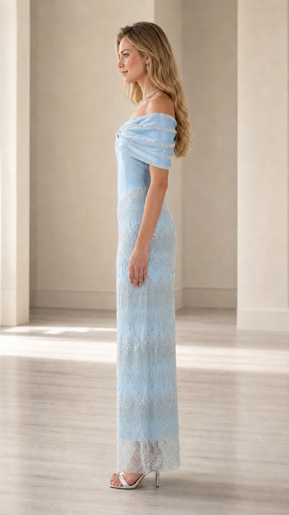 Side profile view of light blue basque waist formal dress with beaded column skirt