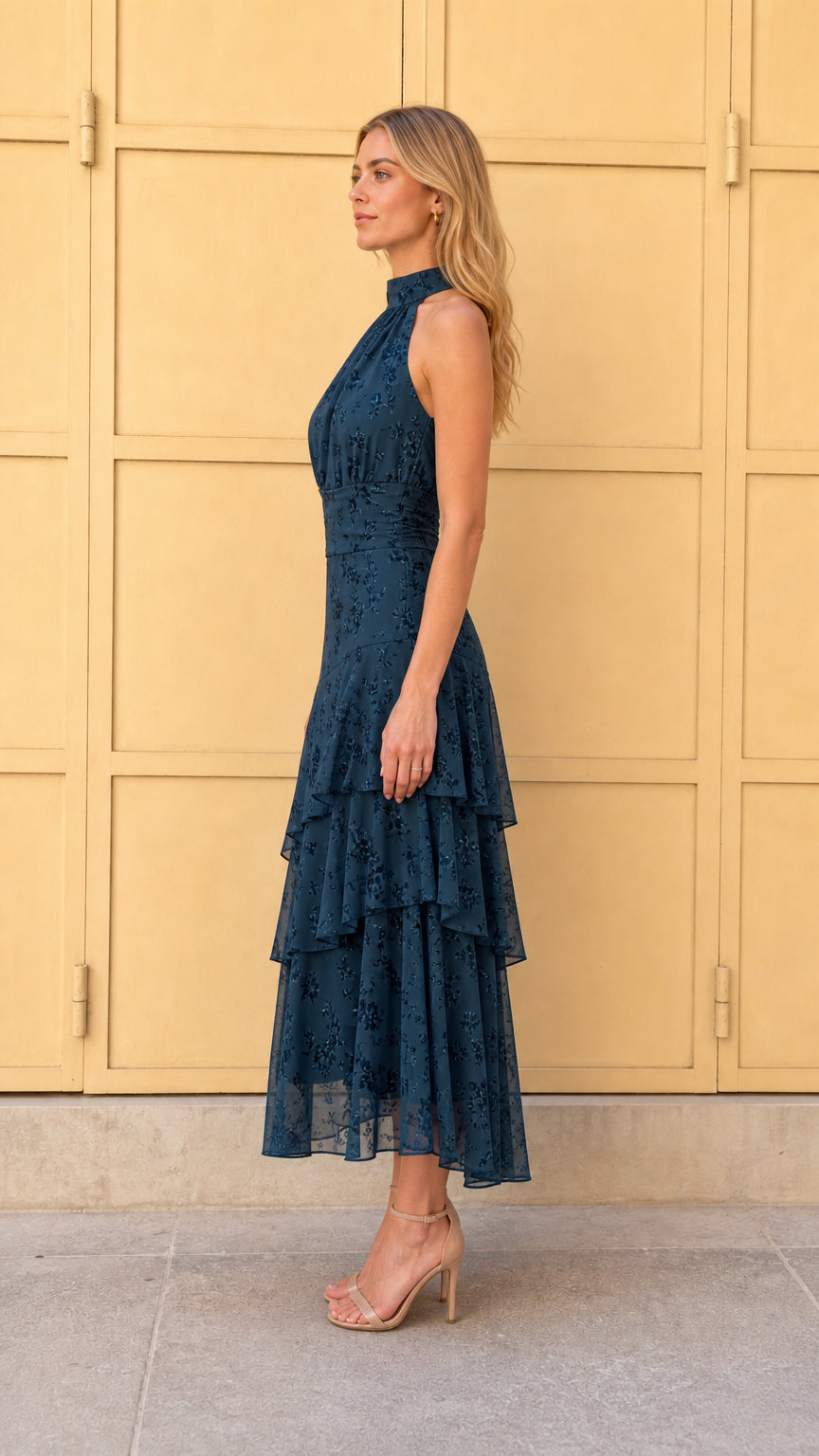Side view of Dark Teal tiered halter midi dress