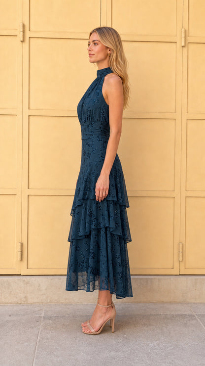 Side view of Dark Teal tiered halter midi dress