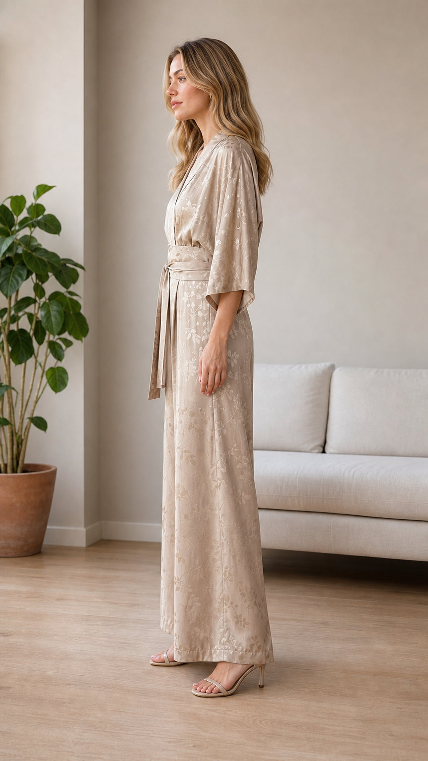 Champagne satin wrap jumpsuit side view