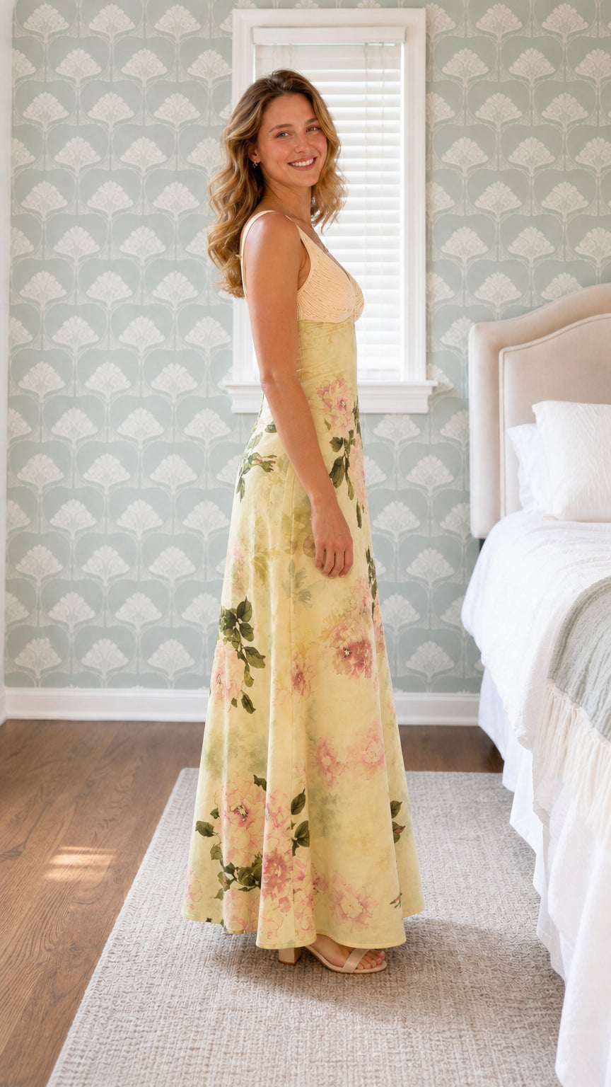 Side profile view of yellow floral maxi dress