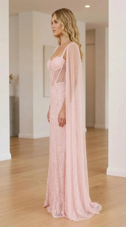 Side profile of the pink lace evening gown